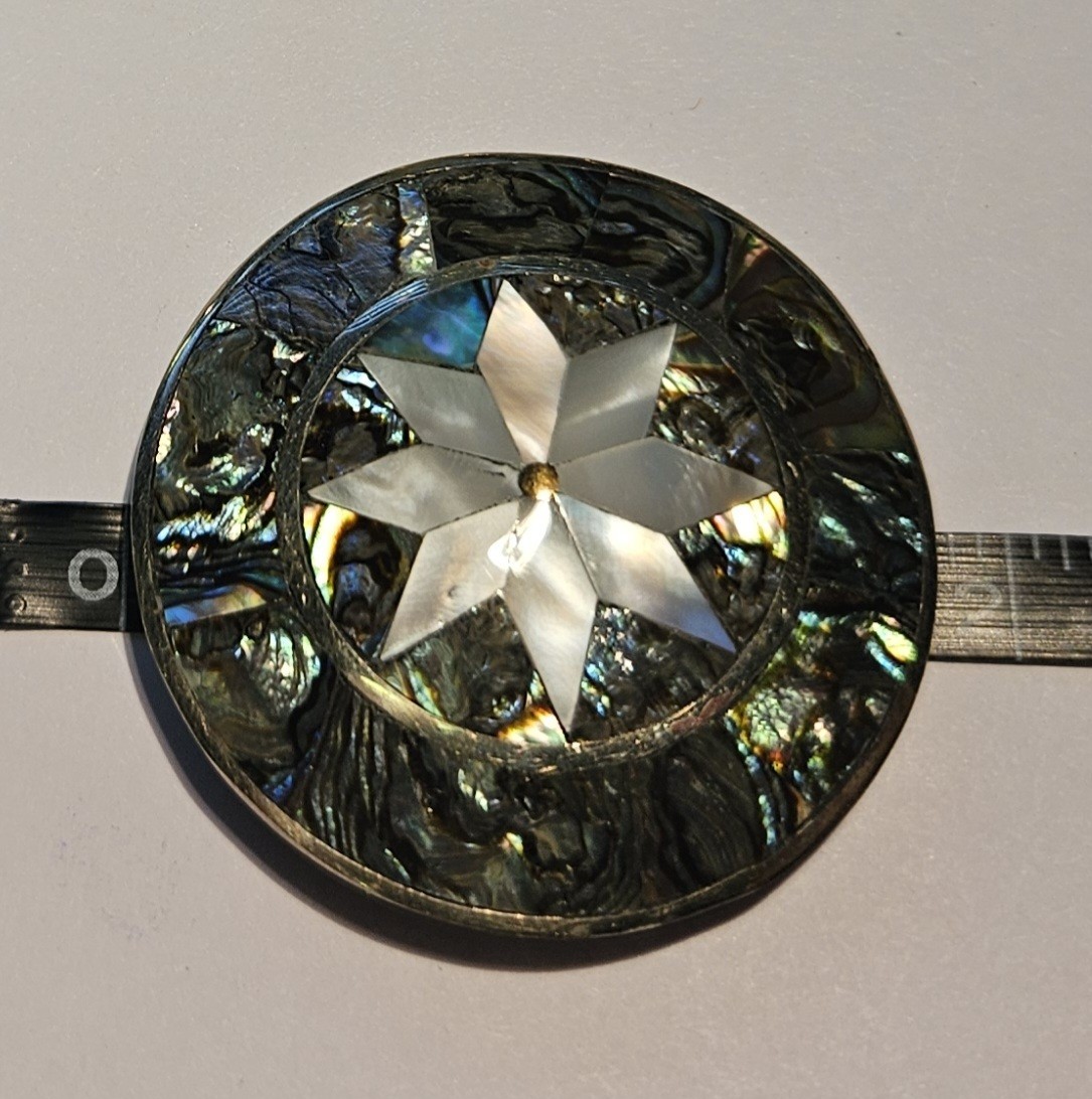 VINTAGE (2) MOTHER OF PEARL INLAID PINS/PENDANTS STAMPED ALPACA MEXICO