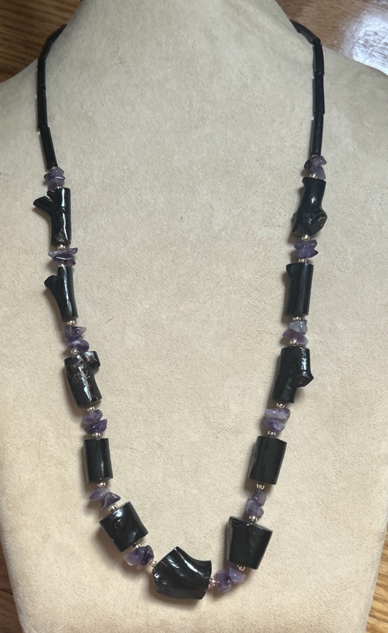 Vintage estate Hawaiian black coral Amythest 28”necklace Genuine & Rare Piece