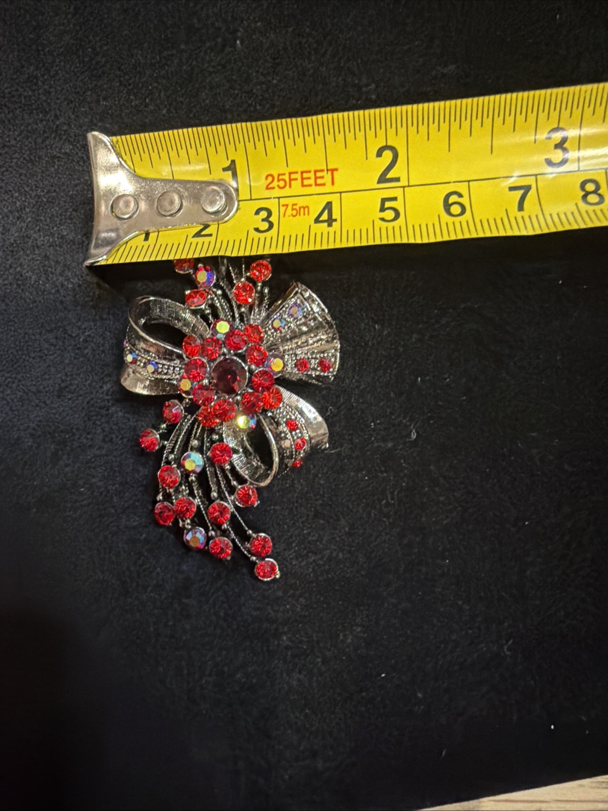 Vintage Bow Brooch Gunmetal-toned With Red Iridescent Rhinestones