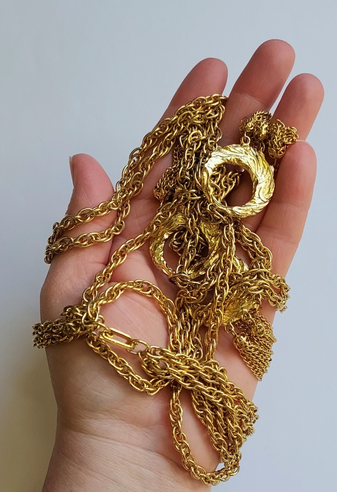 Vintage Multi Strand Festoon Tassel Necklace Circle Pendant Gold Tone Statement