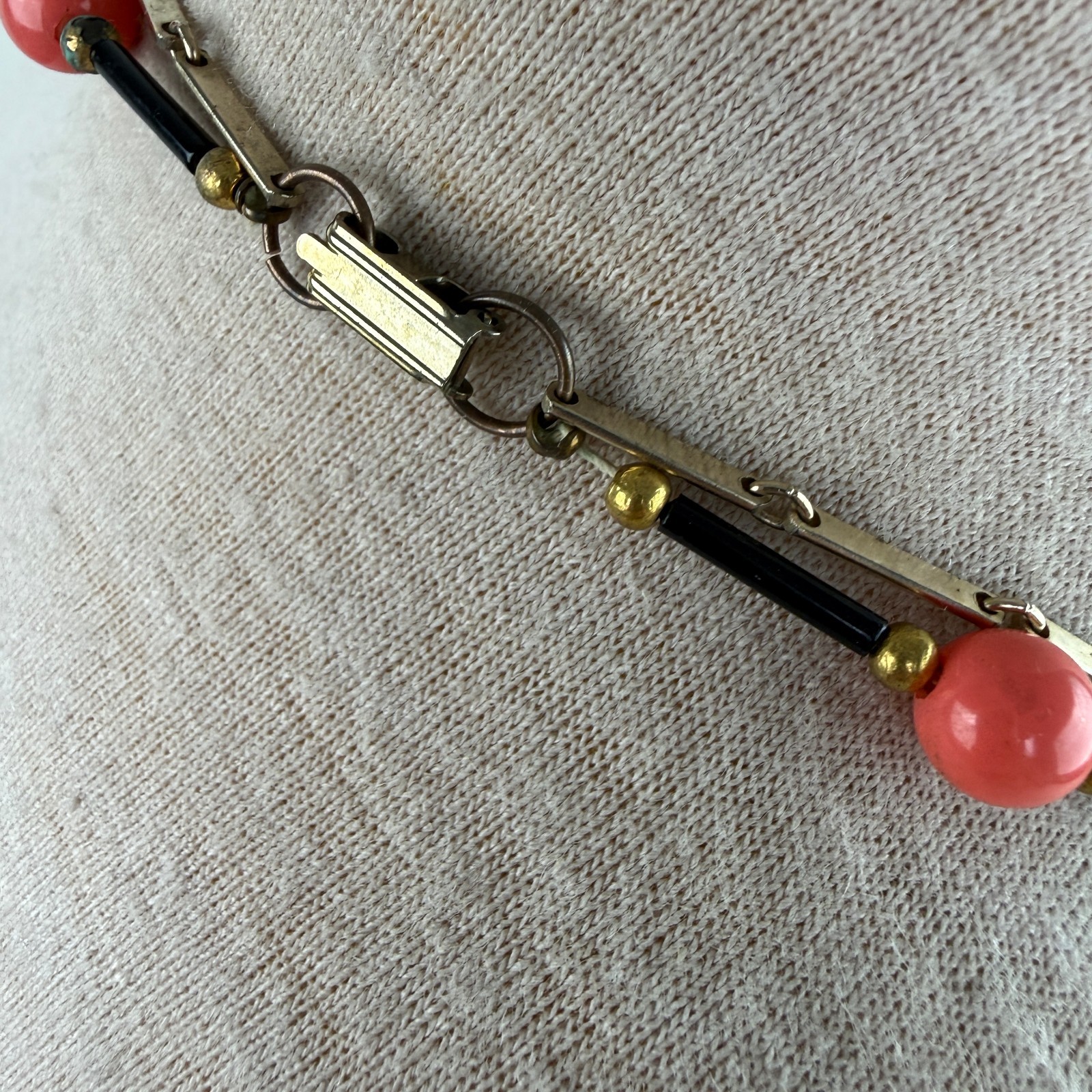 Vintage Two Strand Pink, Faux Pearl, Black Gold Tone Chain Necklace 22.5″