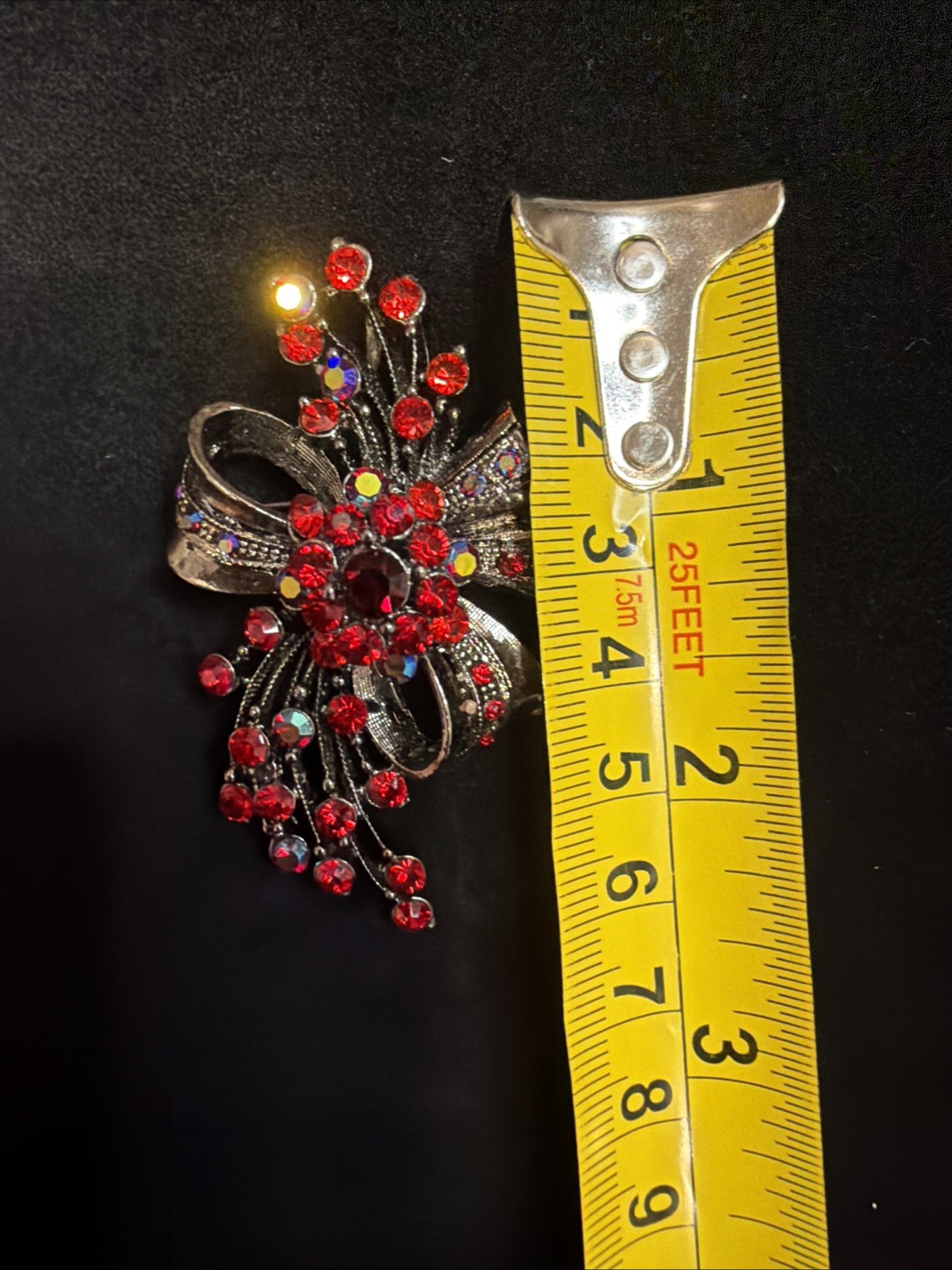 Vintage Bow Brooch Gunmetal-toned With Red Iridescent Rhinestones