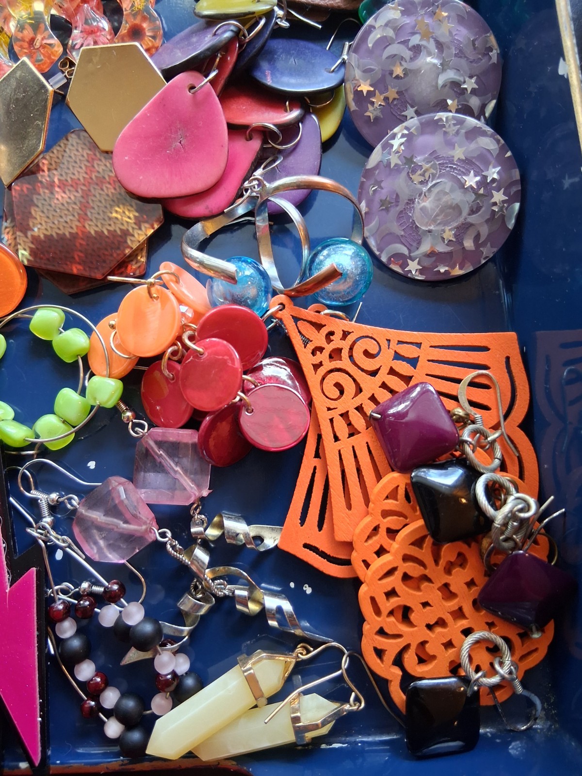 30 + Colorful Glitter Lucite, Acrylics, painted metals, and wood relief earring