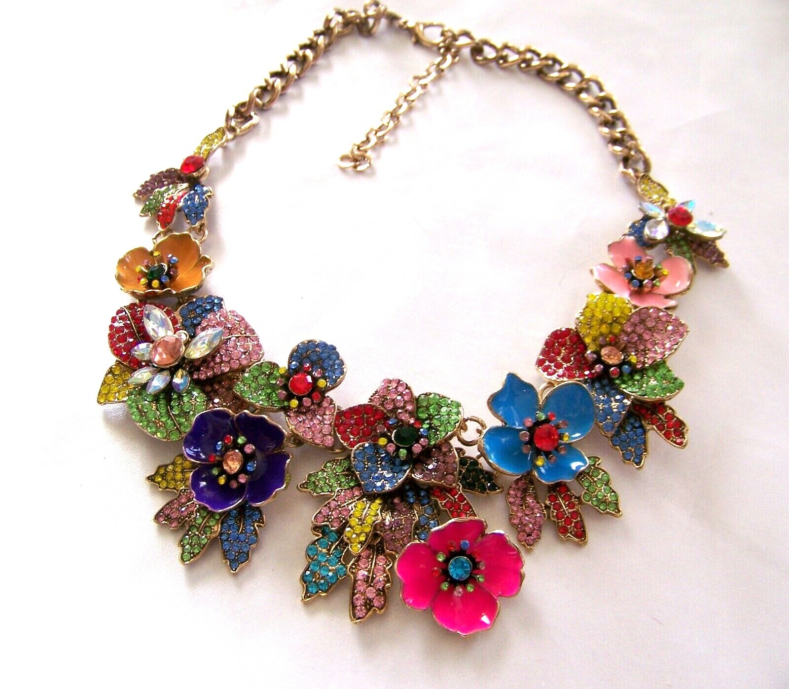 VALENTINE FLORAL BOUQUET VTG Style Pave Rhinestone Enamel Bib Necklace