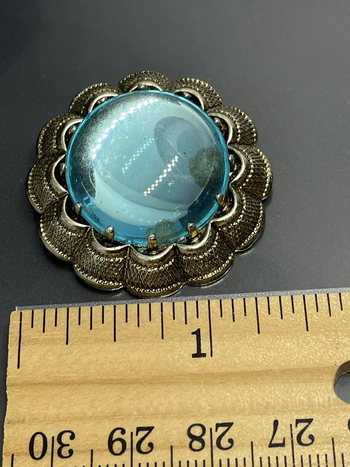 Vintage Signed W. GERMANY Very Light GoldTone Blue Lucite Cabochon Pin BROOCH