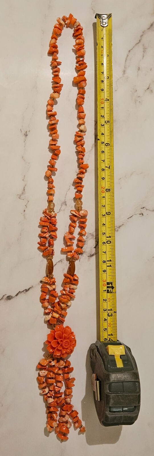 Beautiful Long Salmon Colored Nugget Chips and Flower Necklace