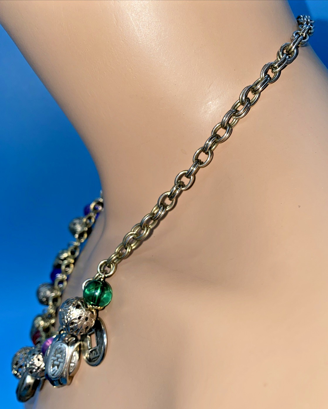 Oriental Charm Choker 20” Necklace Silver-Tone Chain Faux Coins Beads VTG