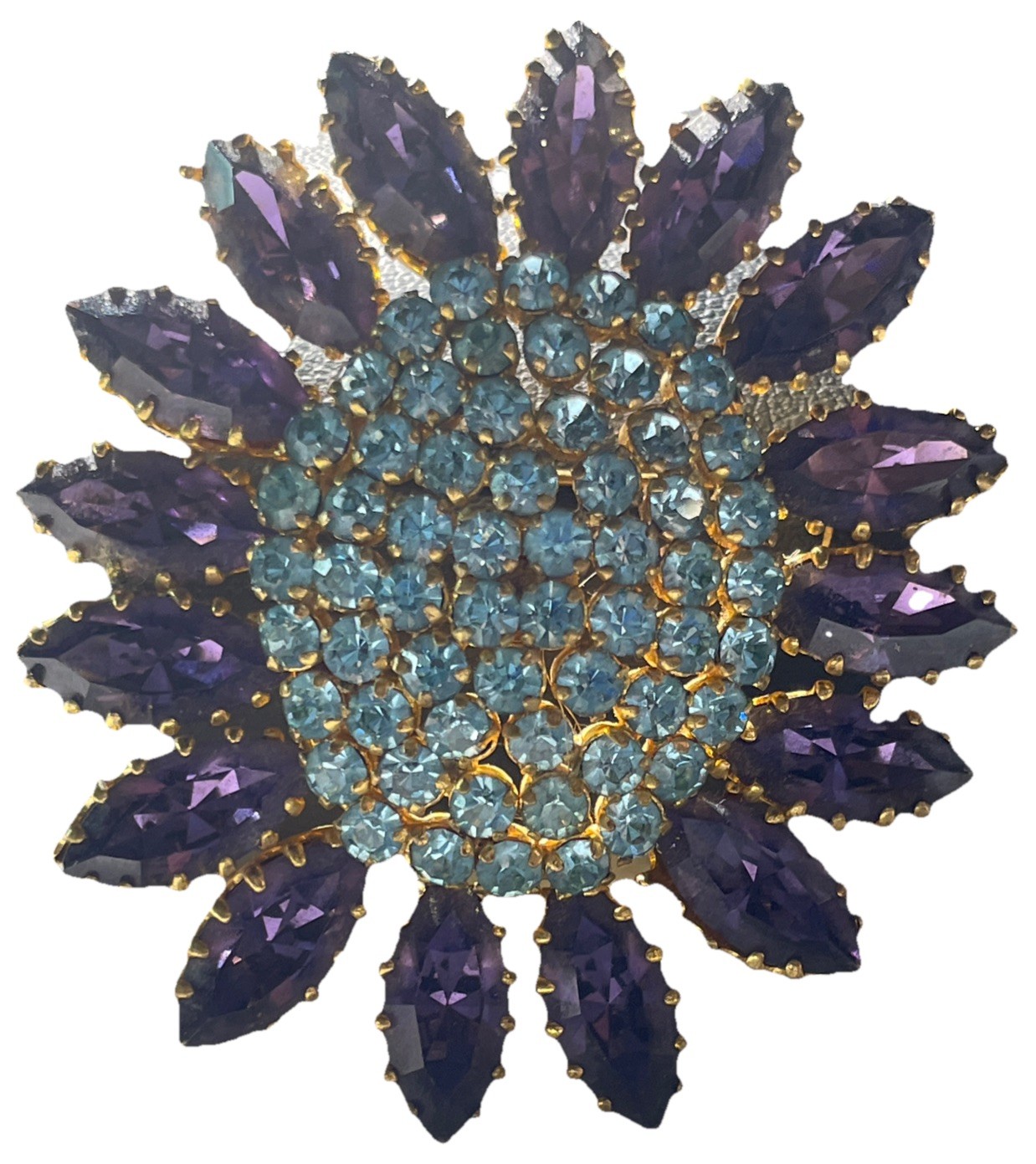 Vintage Blue And Purple Made In Austria Stamped Rhinestone And Gold Tone Brooch