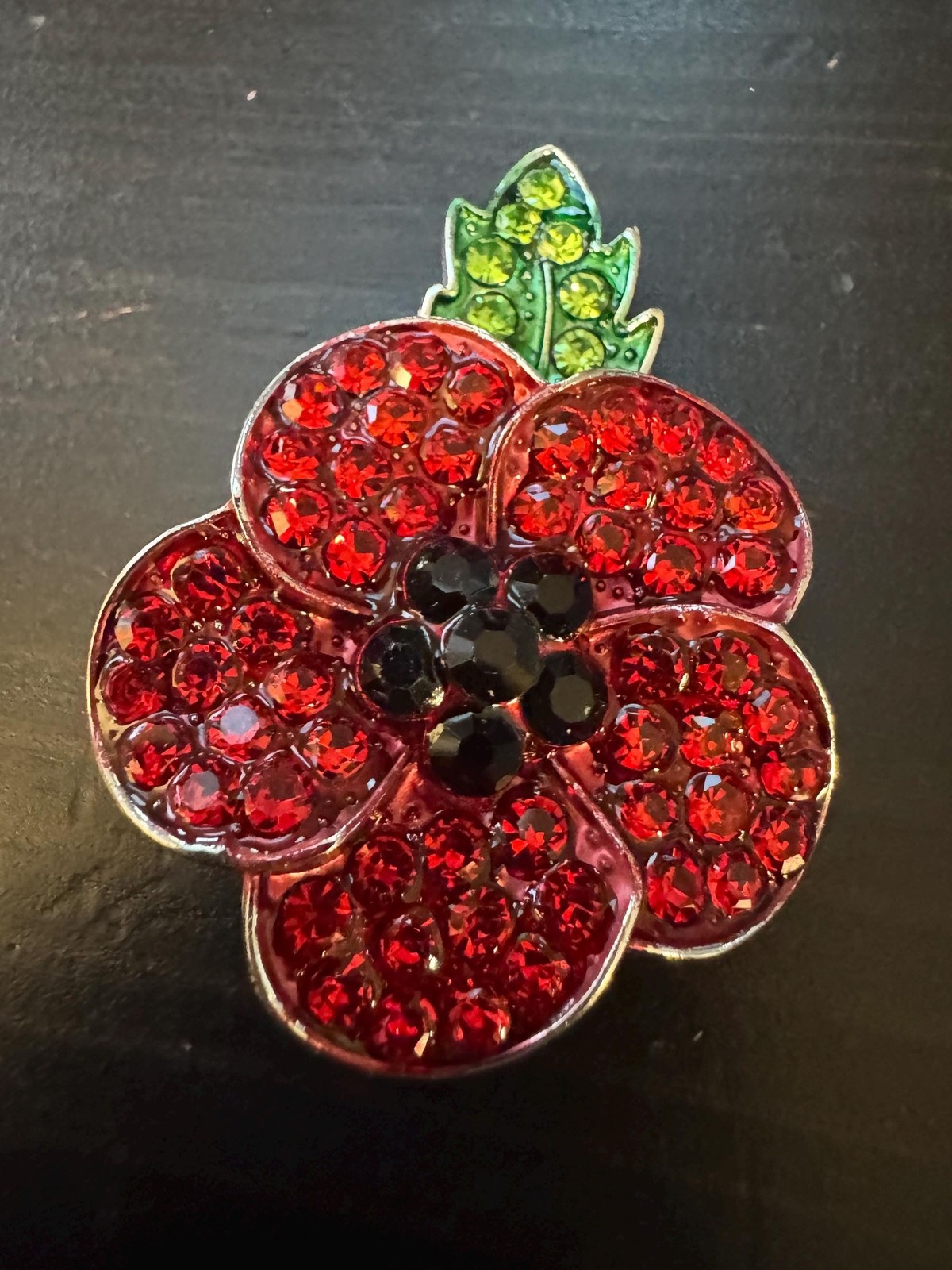 Vintage Red Poppy Flower Black Crystal Rhinestone Brooch Pin B22