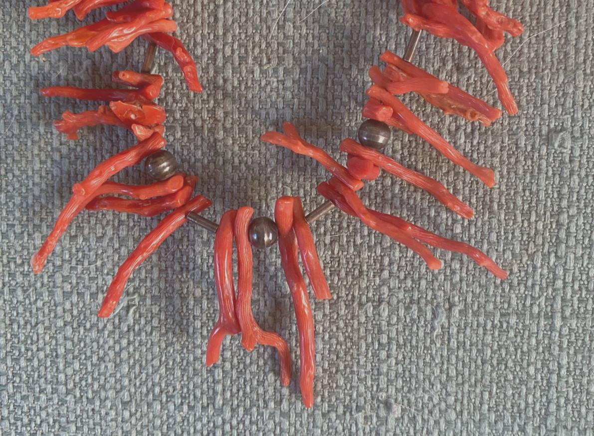 Vintage 1970’s Natural Branch Red Coral Necklace w Silver? Metal Beads 18″