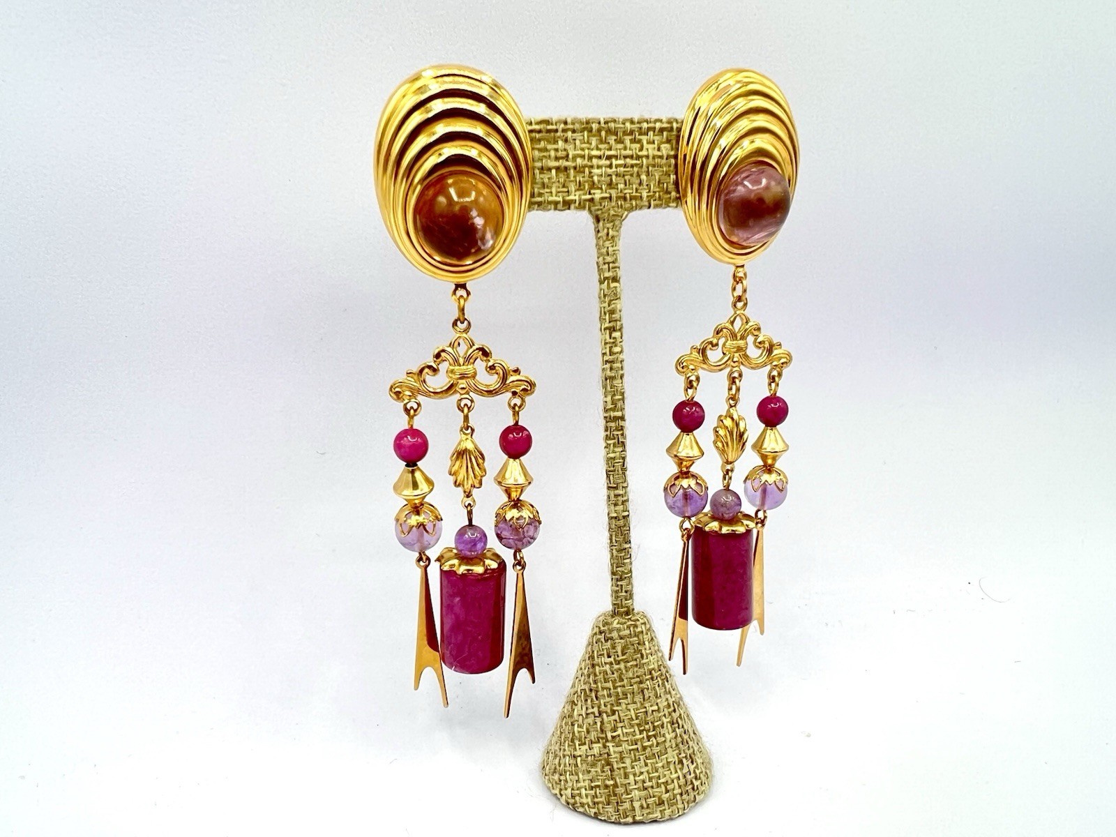 Vintage 1980s Saks NOS Gold Amethyst Fuchsia Chandelier Spikes Earrings RO-DO SI