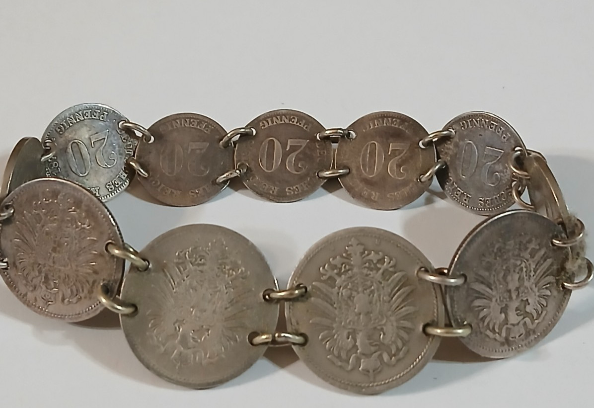 900 Silver Antique 1874-1876 Germany Coin Link Bracelet 8″ 11 Coins 25g