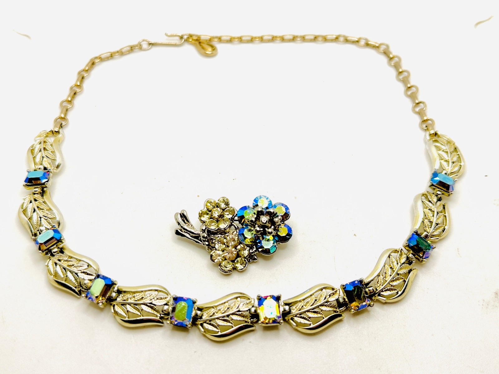Vtg Lot Exceptional Blue Starlight AB Rhinestone CORO Necklace & Flower Brooch