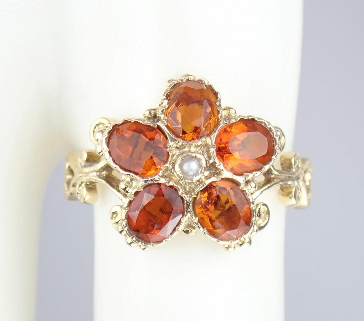 Pretty Vintage Solid 9K Gold Madeira Citrine Pearl Floral Scroll Ring 1971 7.25