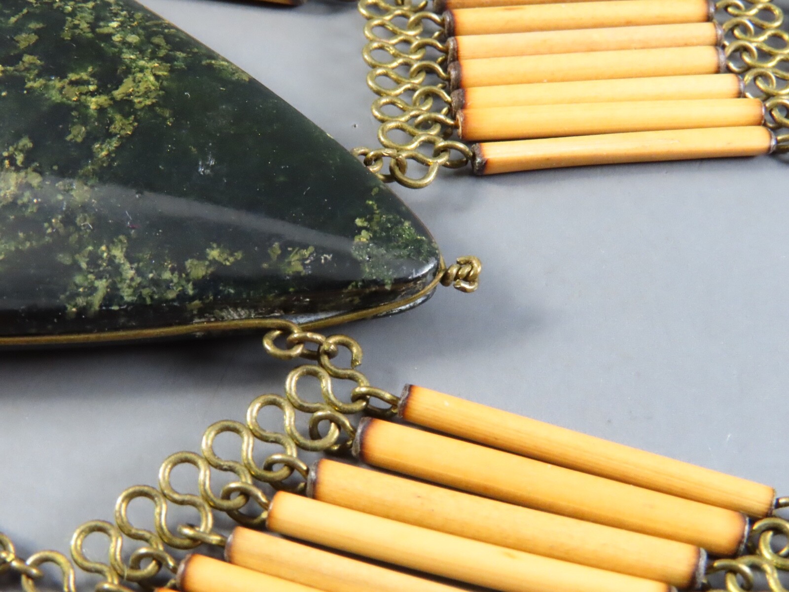 VTG Exotic Bib Necklace LARGE GREEN HARDSTONE Bamboo Pipe Beads EGYPTIAN REVIVAL