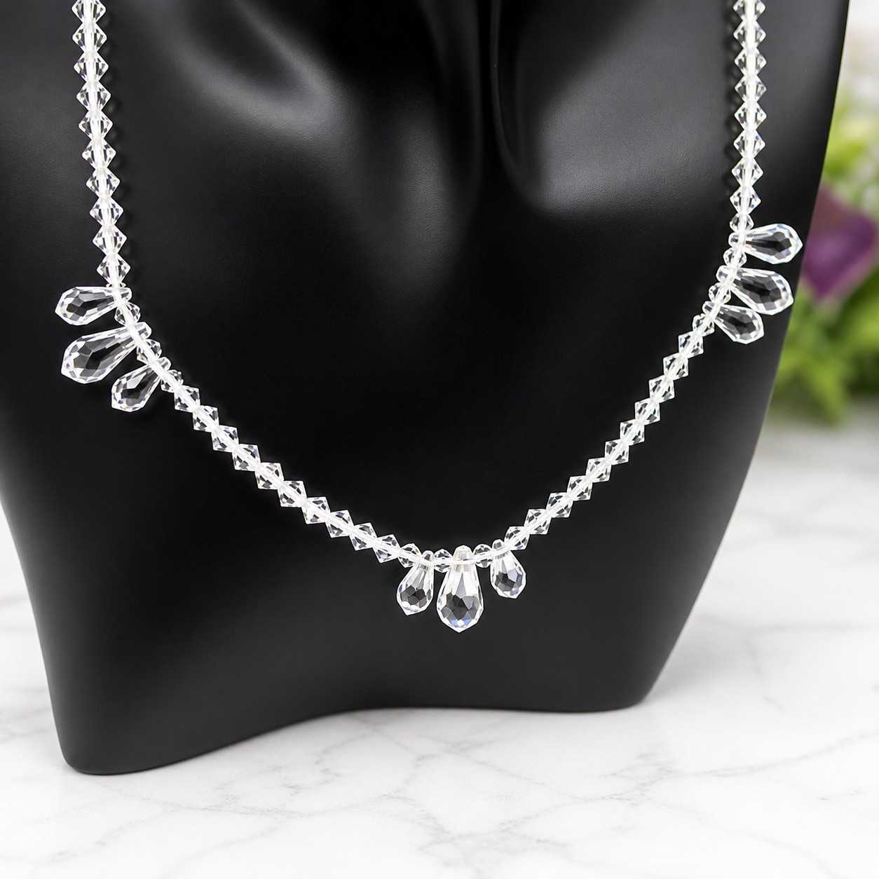 Elegant Clear Glass Faceted Crystal Teardrop Necklace & Earrings Set