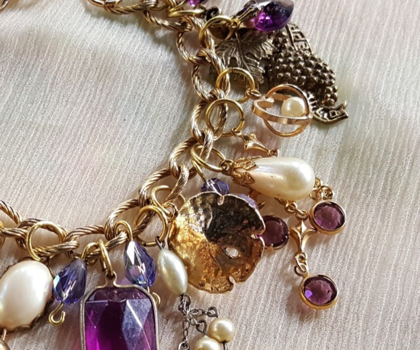 Artist Upcycled Gold-Tone Charm Bracelet Purple & Foe Pearl Vintage Charms