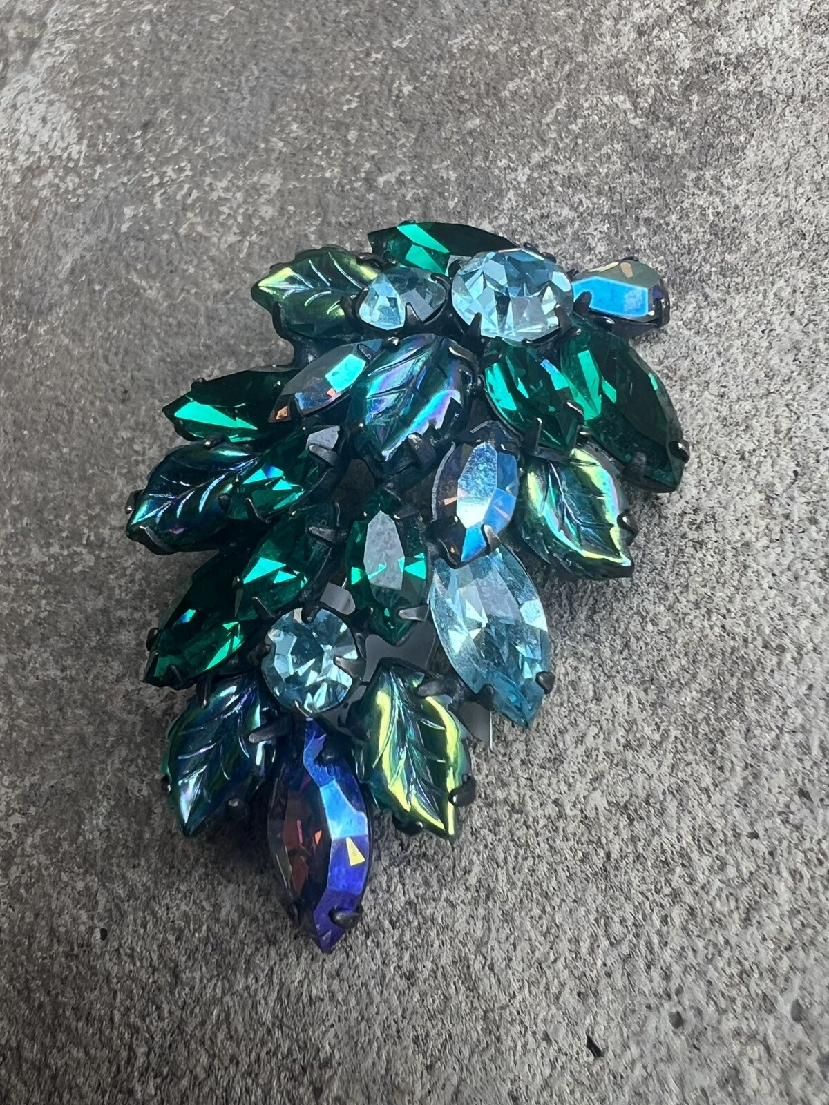 Vintage Signed Regency Green Teal Blue Molded Glass Leaf AB Rhinestone Brooch