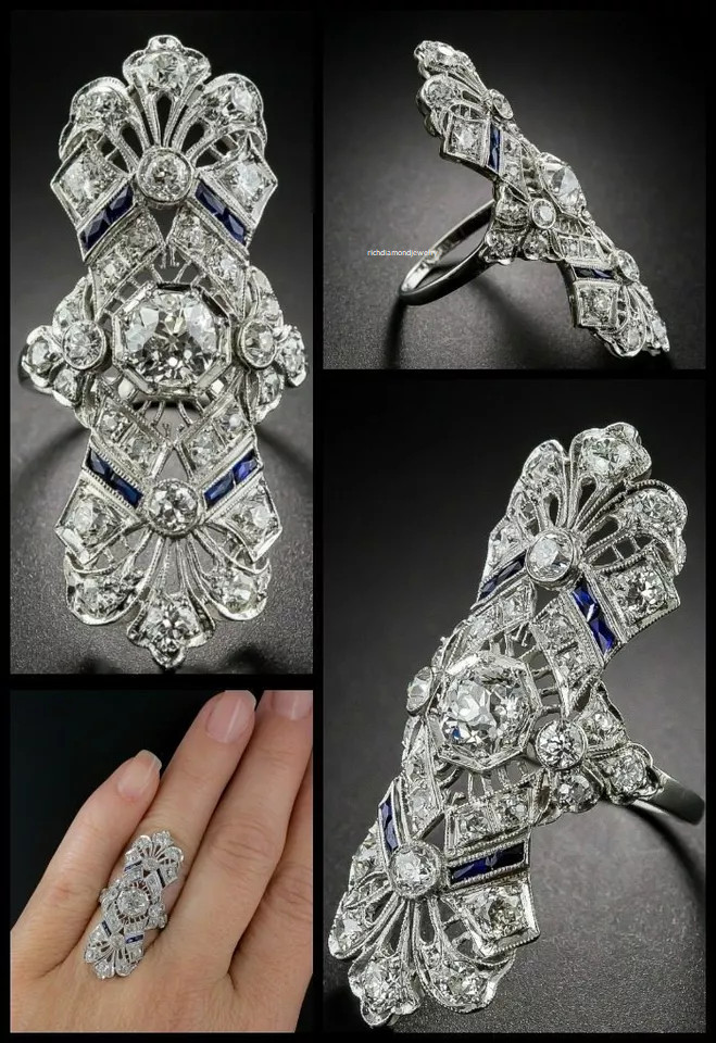 Glorious Long Art Deco Design With Old European Cut CZ & Blue Sapphire Fine Ring