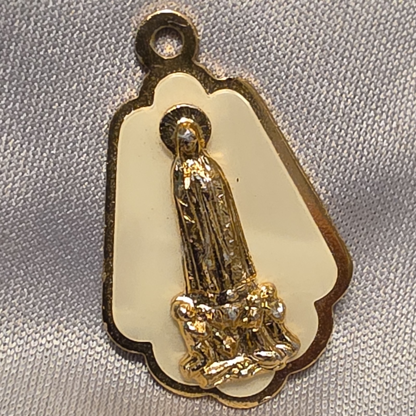 Vintage Mother of Pearl Our Lady of Fatima Medal Pendant Gold Tone Italy 1950s
