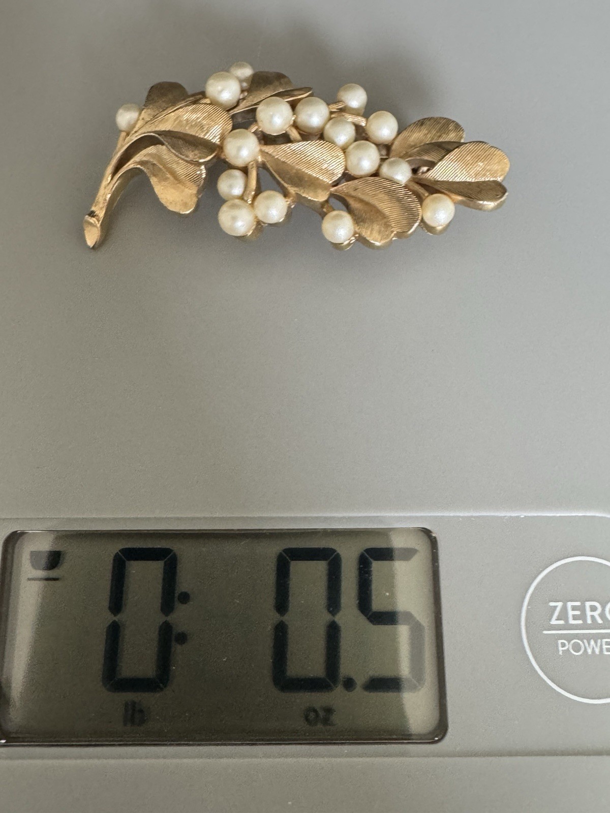 Vintage Crown Trifari Faux Pearl Berry Leaf Spray Brooch Gold Tone Textured Pin