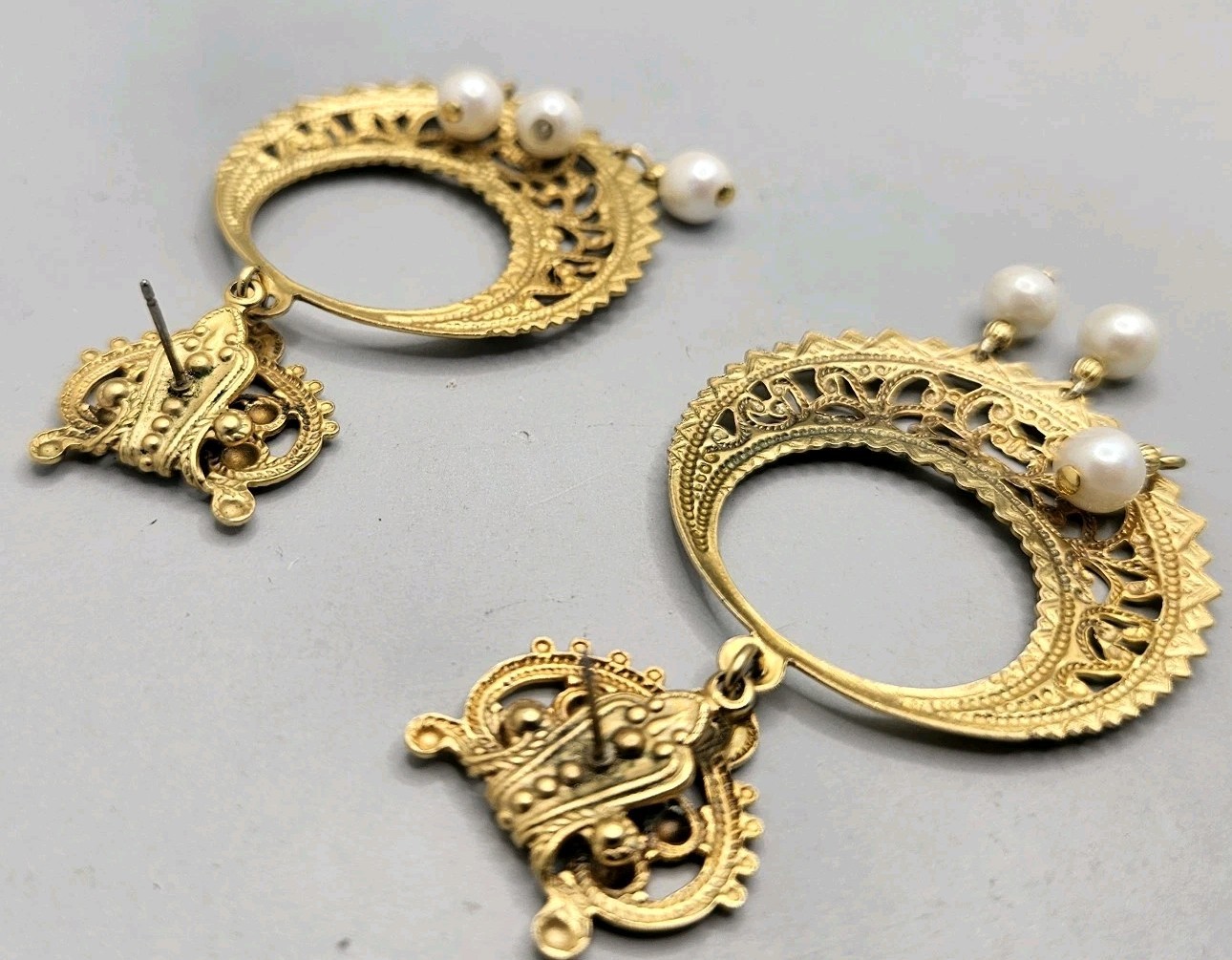 Vintage Gold Tone Earrings Filigree Hoop Faux Pearl Dangle Pierced Post Ornate