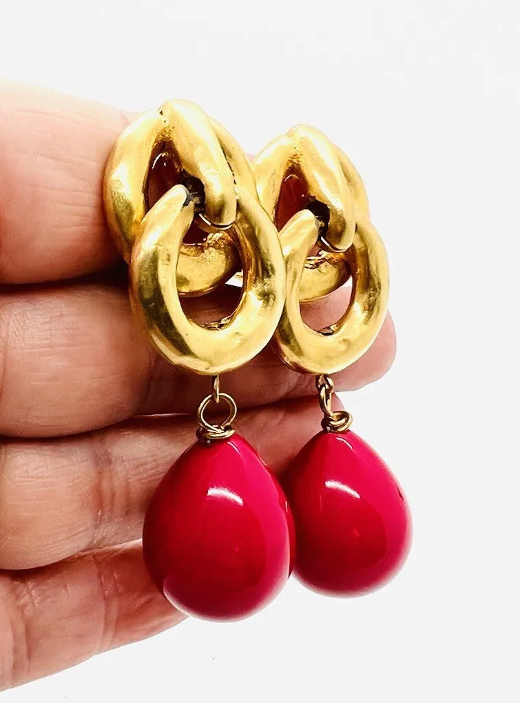 Large LES BERNARD Bright Pink Beaded Drop Dangle Earrings Signed Vintage Jewelry