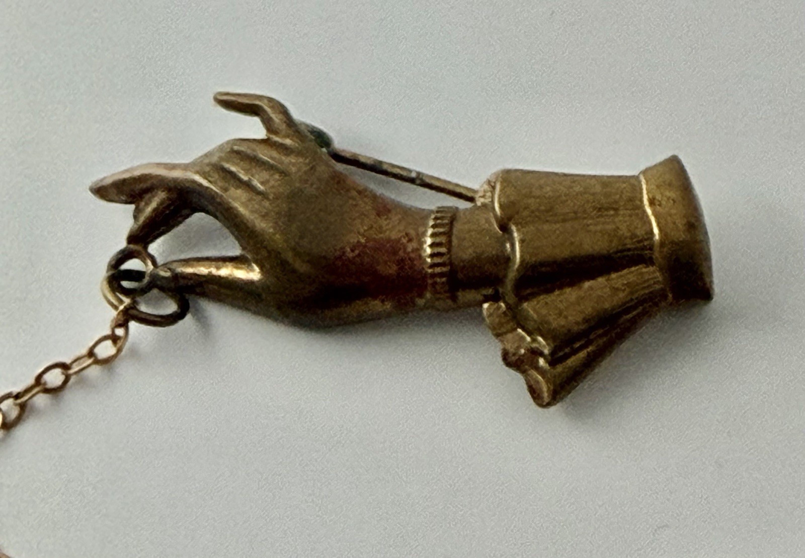 Antique Victorian Brass Hand Holding a Dangling Engraved Mini Heart Pin Brooch