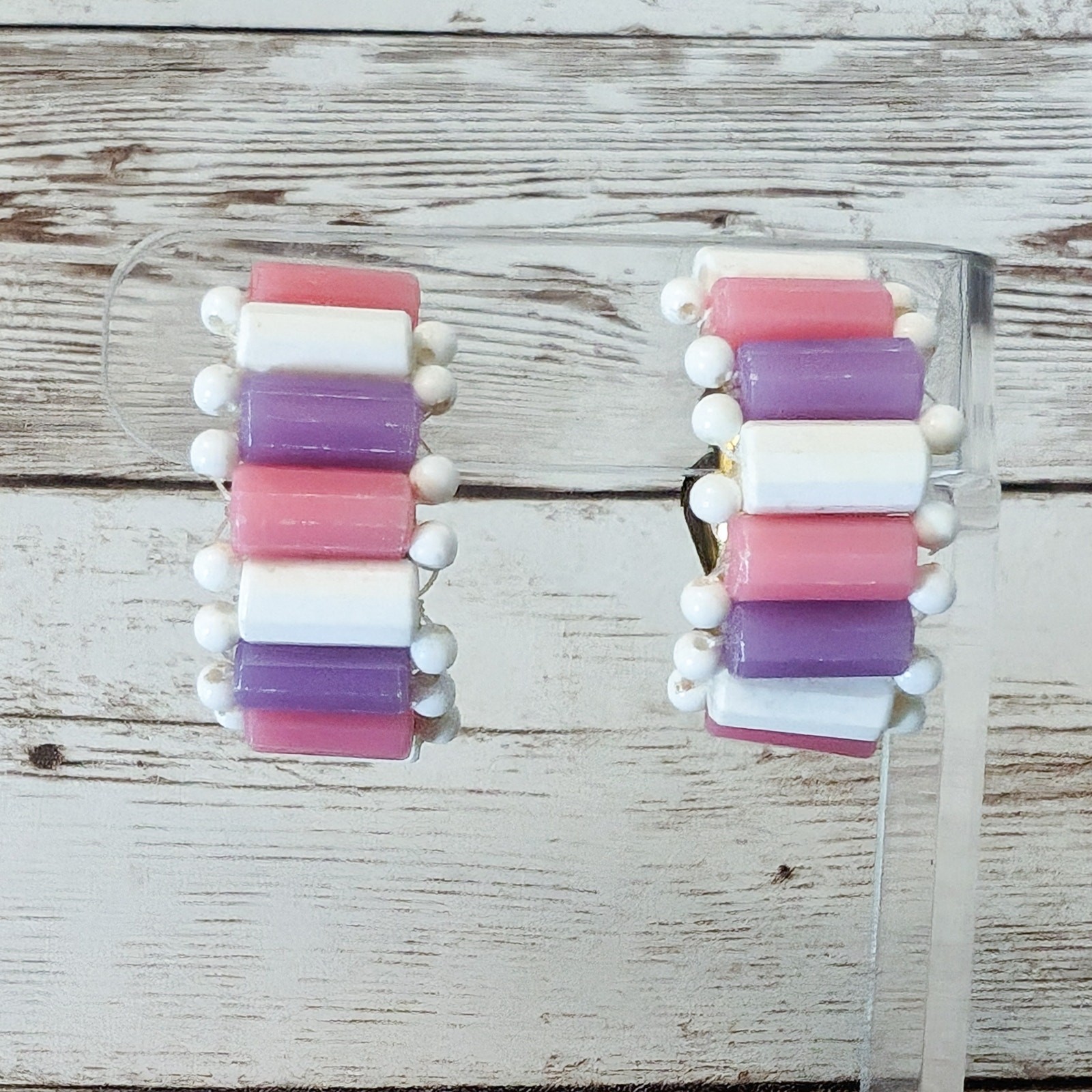 Vintage Clip On Earrings White, Purple, Pink Large Chunky Half Hoops