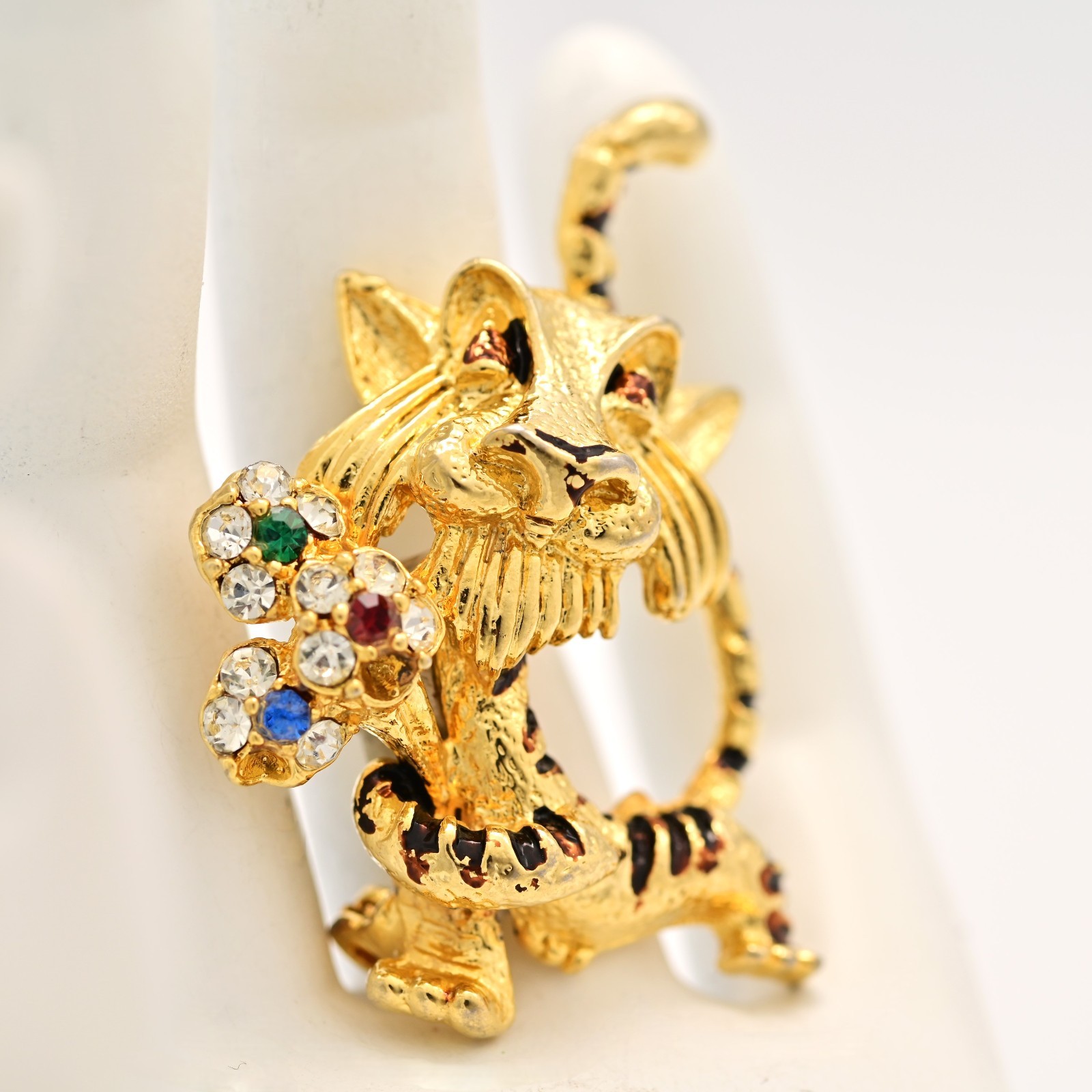 J MAZER Original Vintage Multi Rhinestone Enamel Estate Flower Tiger Brooch Pin