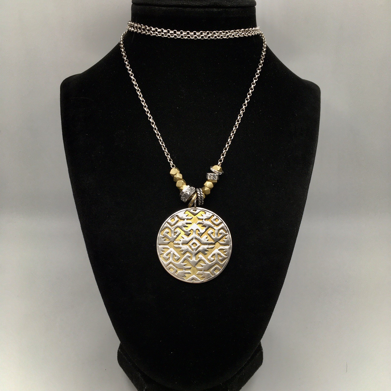 Vtg Sterling Silver & Brass SILPADA “Sundial” Pendant Necklace 34” 925 27g #21