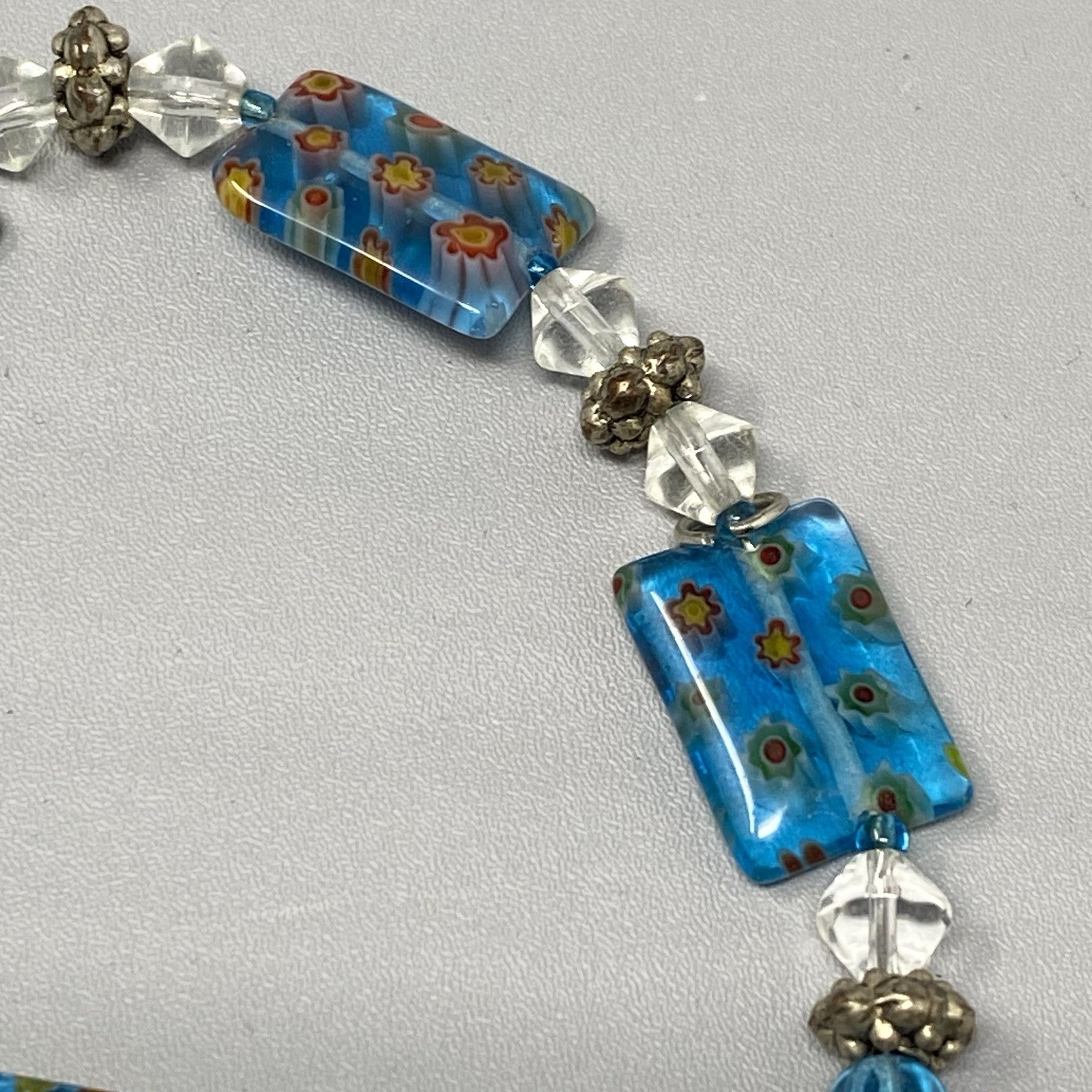Millefiori Glass Bead Bracelet Blue Multicolor Flowers Clear Bicone Crystals 7.5