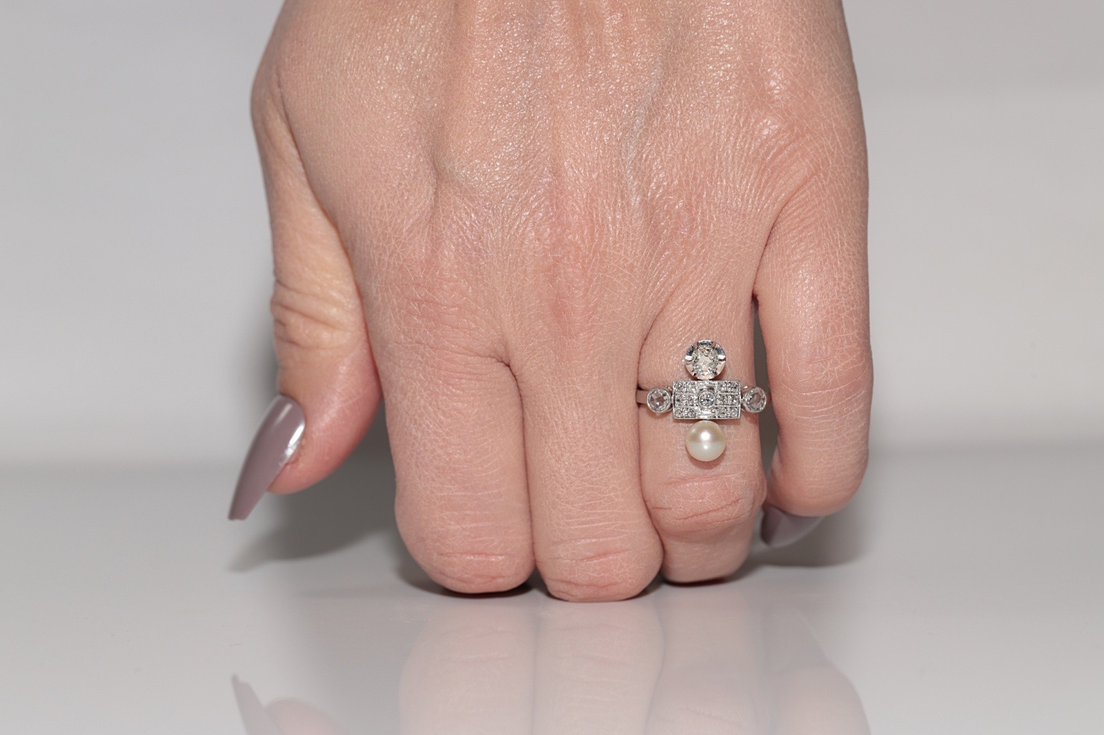 Antique Circa 1920s Platinum Art Deco Natural Diamond And Pearl Decorated Ring