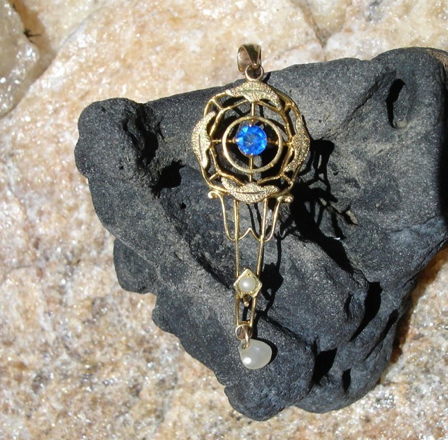 antique 10K gold blue birthstone Lavalier Pendant charm dangle drop wind pearl