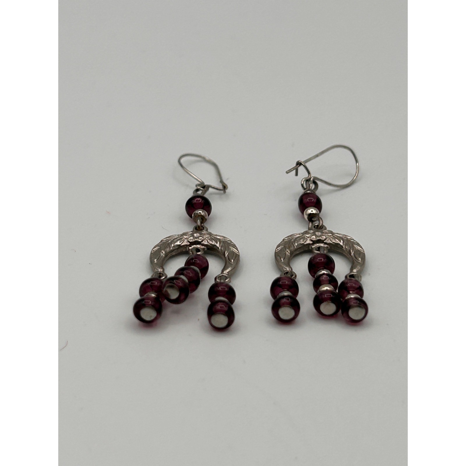 Vintage Silver Tone Purple Beaded Chandelier Dangle Drop Earrings Boho