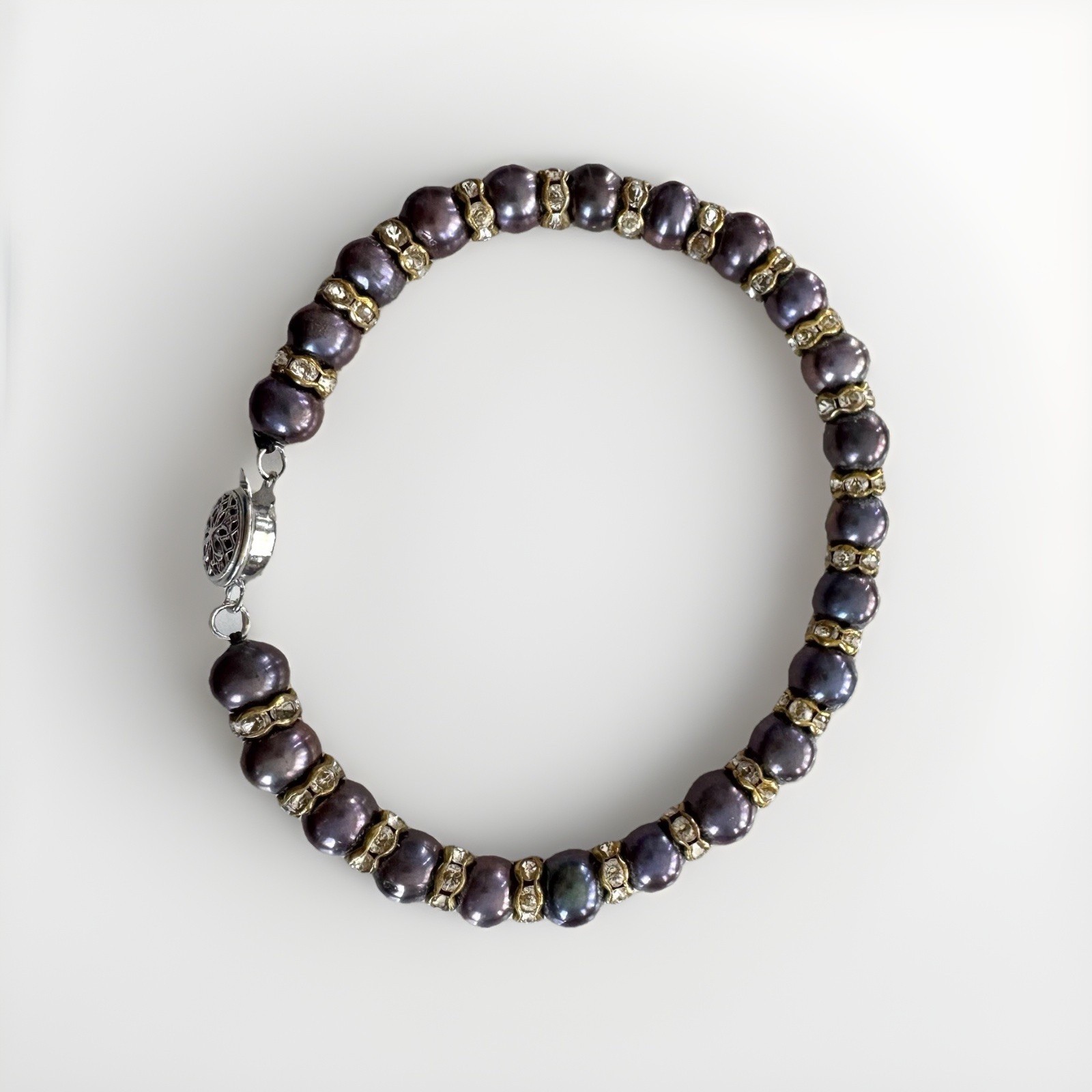 VTG Freshwater Pearl Bracelet Peacock Purple Rhinestone Rondelles Box Clasp 7.5”