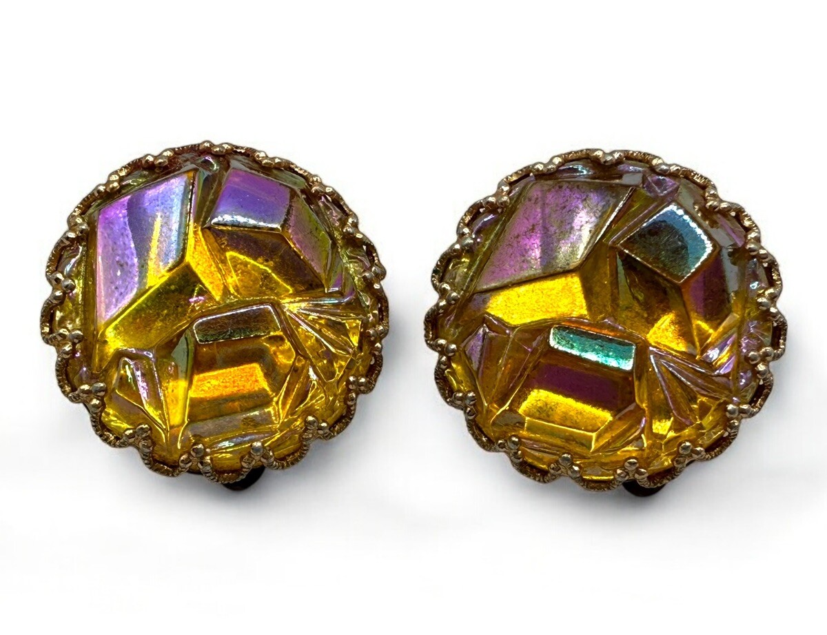 Vintage Western Germany Geode AB Glass Rhinestones Earrings Clip On