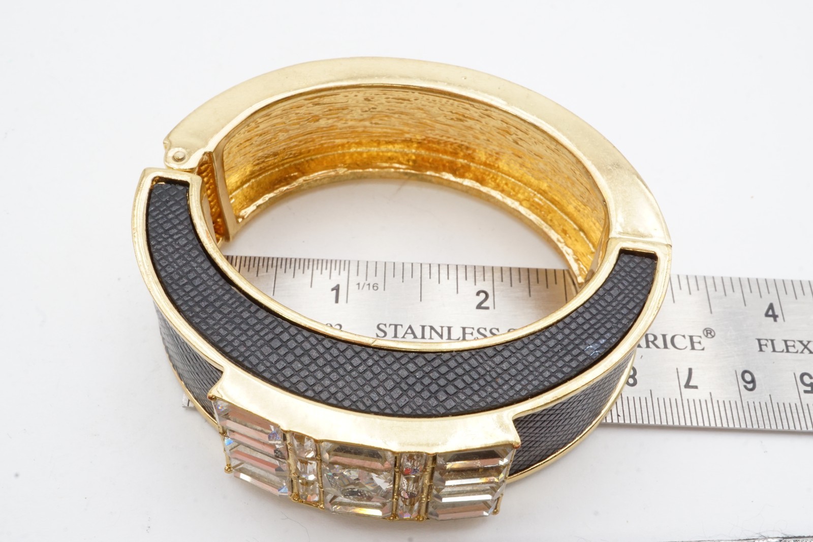 Vintage Bangle Bracelet Gold Tone Rhinestone Faux Leather 6.5″