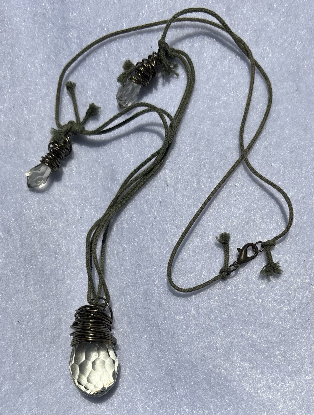 26” Long Acrylic Crystal On Sage Green Cord Boho Hippie Layering Festivals