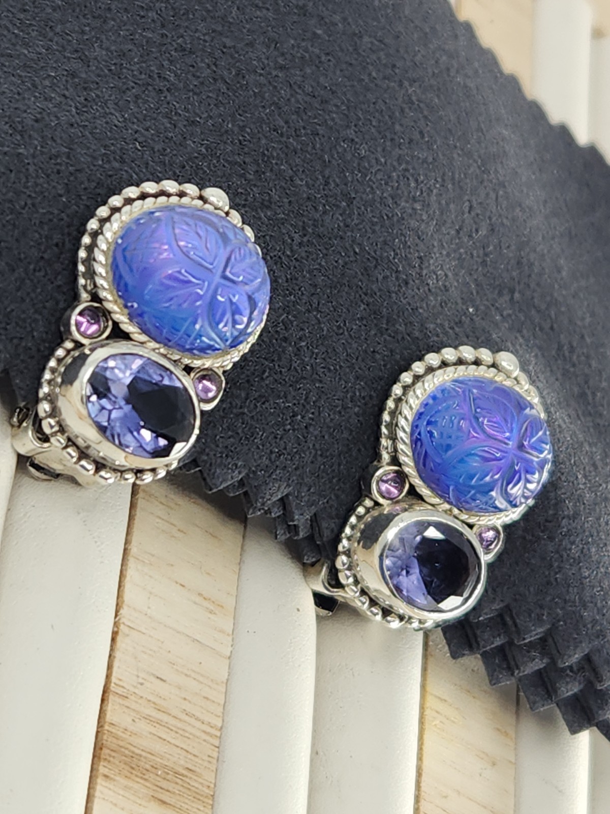 Stephen Dweck Sterling Silver Carved Blue Quartz Iolite Clip On Earrings