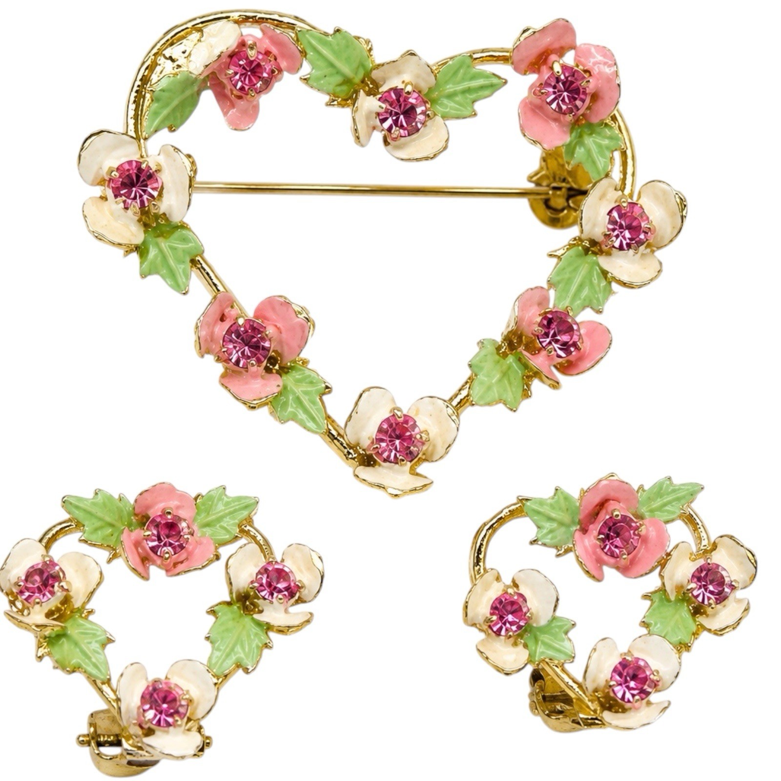Vintage Enamel Pink White Floral Heart Brooch & Clip On Earrings Rhinestone Set