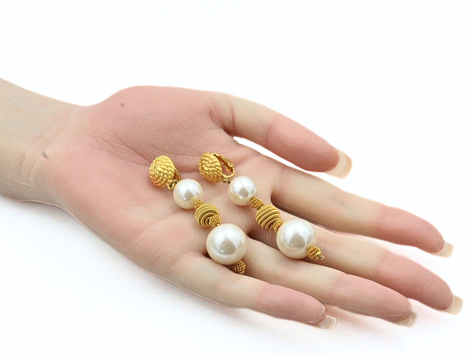 Marvelous Classic Faux Pearl Textured Gold Plate Long Dangle Drop Earrings
