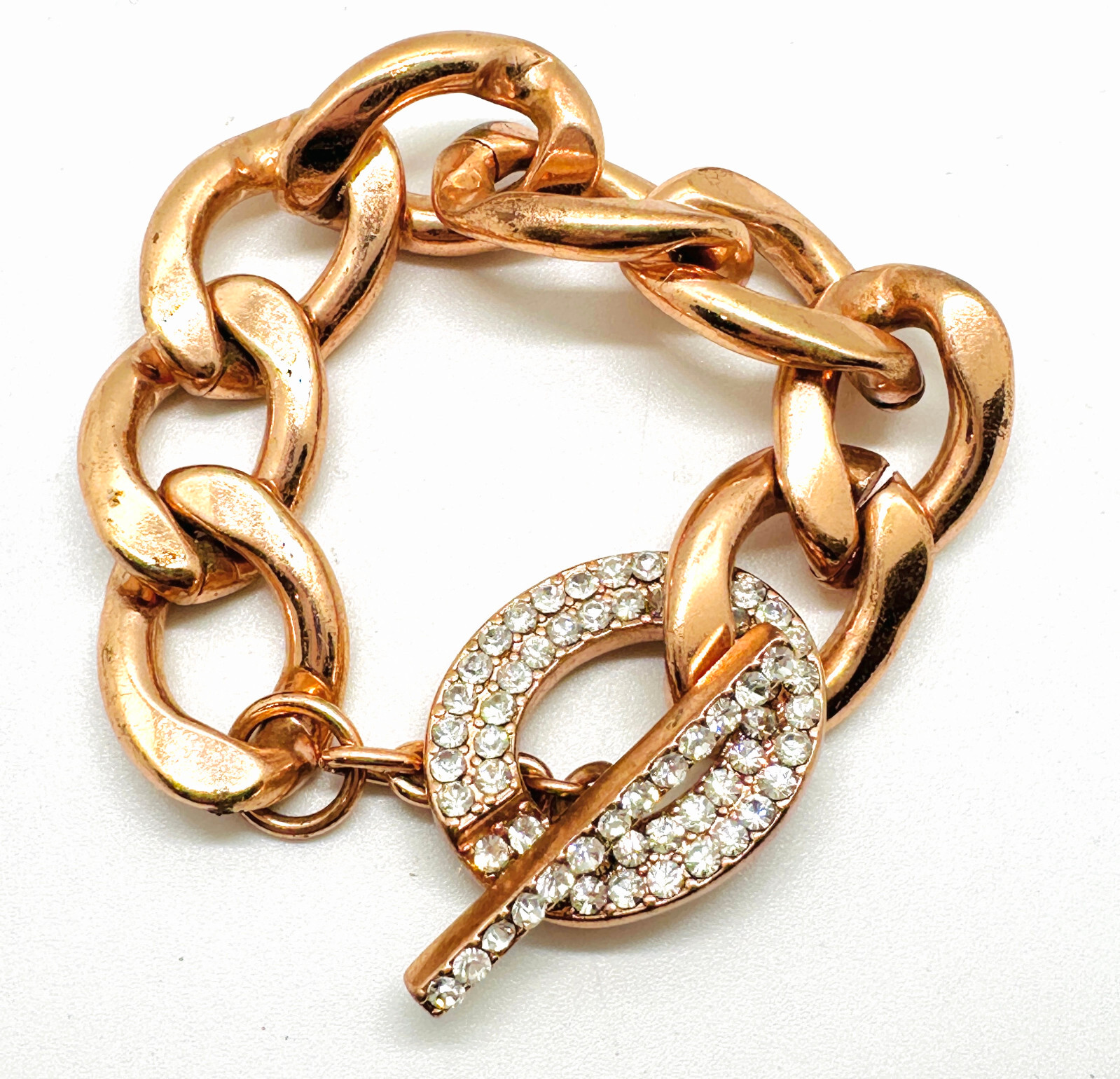 Vtg Copper Color Chunky Link Rhinestone Toggle Bracelet 7.5″ Minty Condition