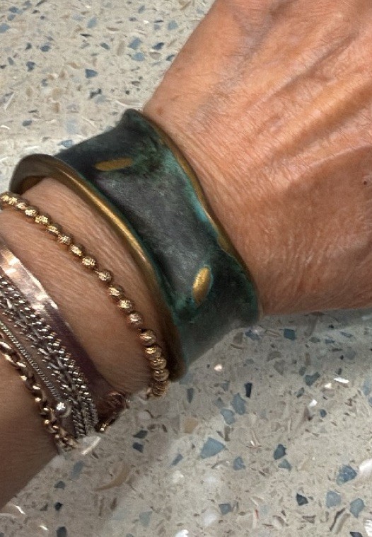 MODERNIST Cuff Bracelet ARTISAN Forged Solid Bronze Brass Verdigris Glaze Signed
