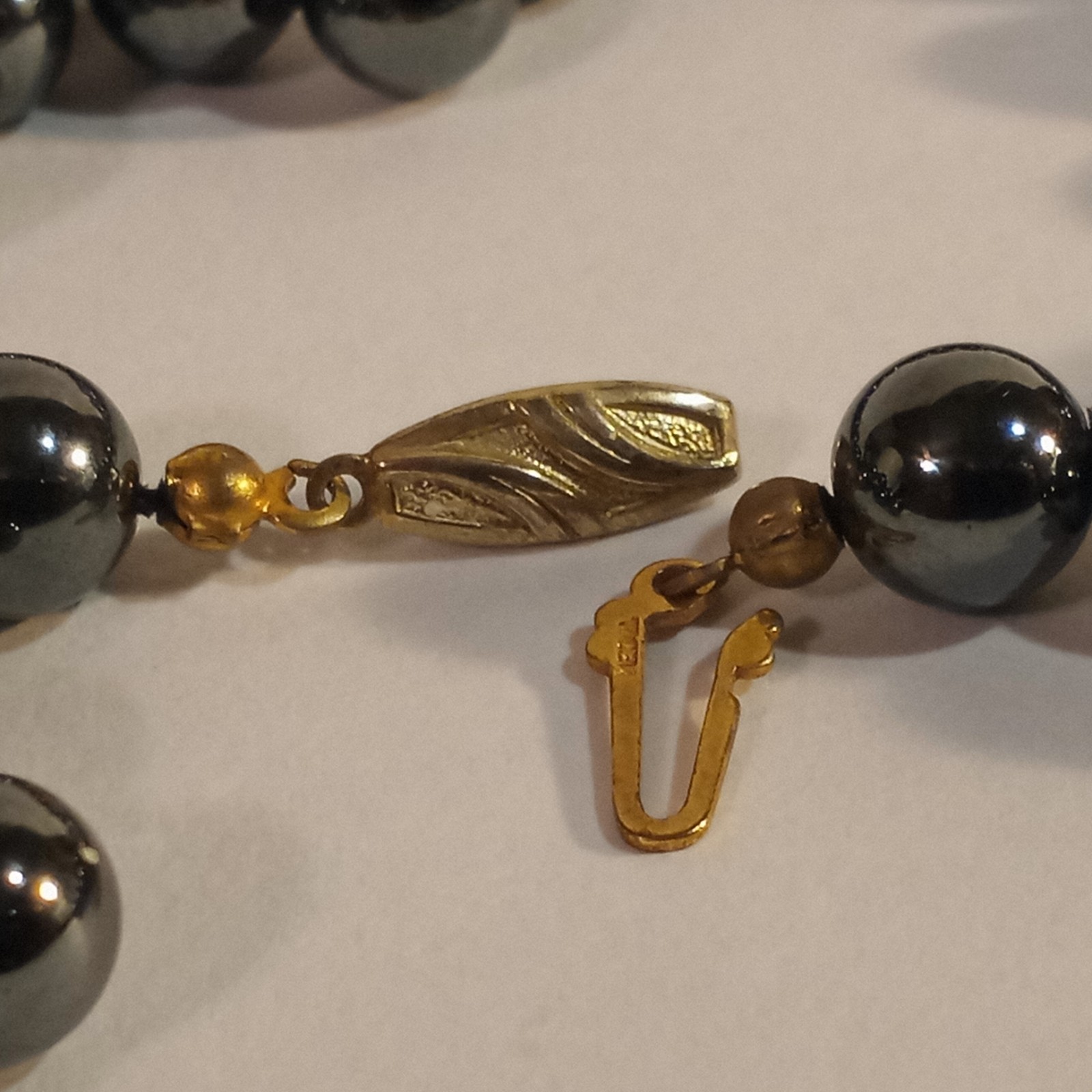 Rich Hematite Beaded Necklace Gilt Sterling Silver Clasp 22 inches Germany