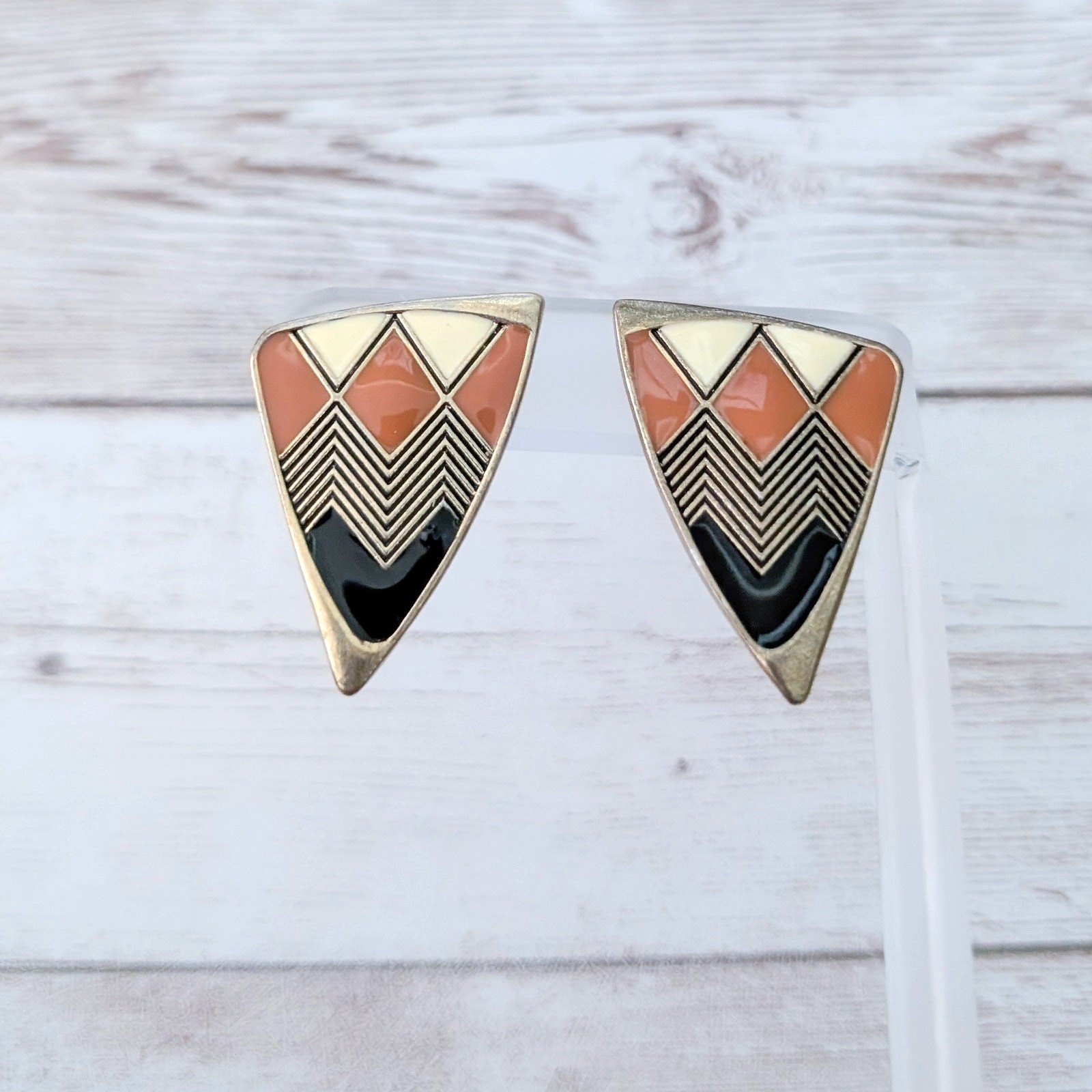 Vintage Stud Earrings Statement Burnt Orange, Cream, Black, Gold Tone