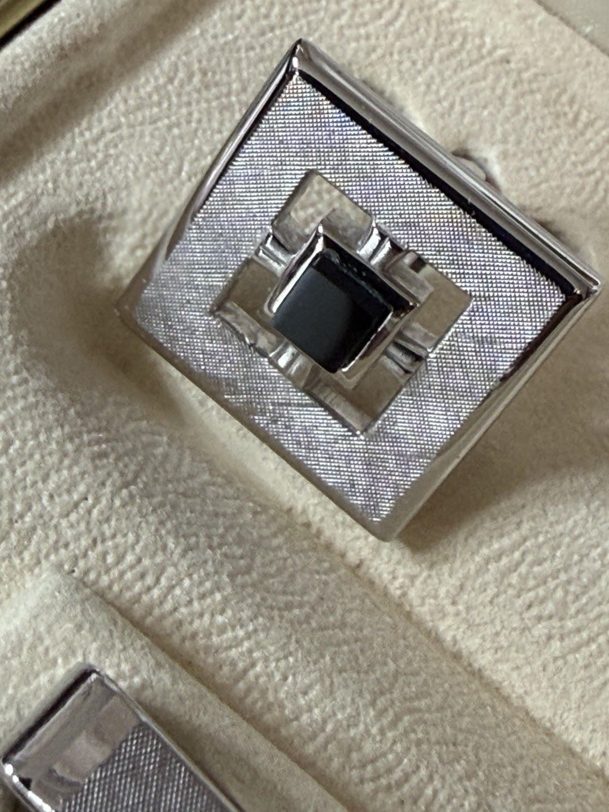 Swank Tie Clip and Cuff Links Set Brushed Silver Tone Onyx Stone