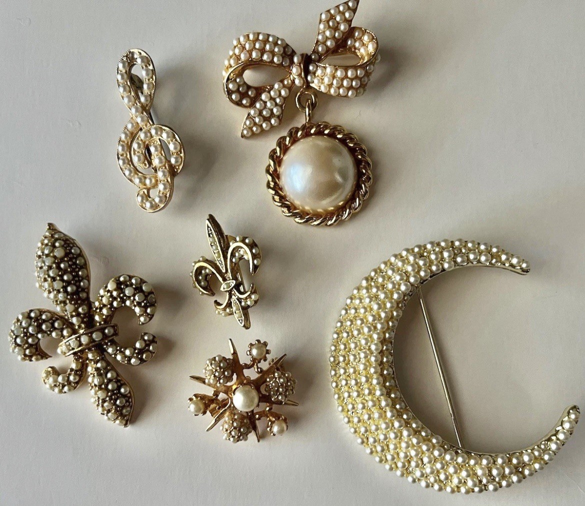 Vintage Seed Pearl Brooch Lot BSK ART TACOA moon fleur de lis Victorian Revival