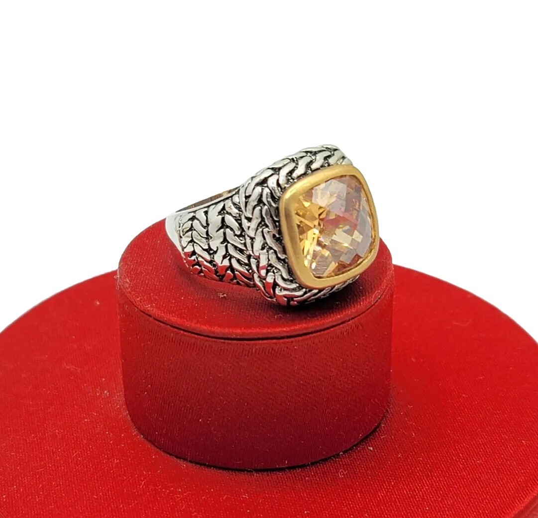 Vtg Ring Sz 7 Lg Citrine Topaz Amber Cubic Zirconia Medieval Jewelry Braid
