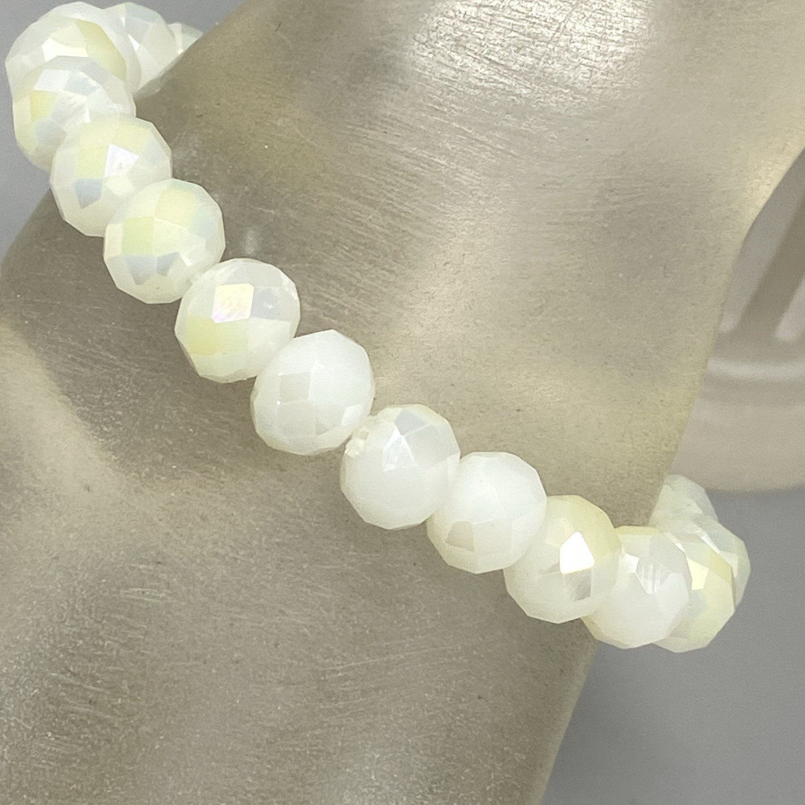 Ivory Glass Beaded Bracelet Fire Polished Faceted Stretch Elastic Classic 6″